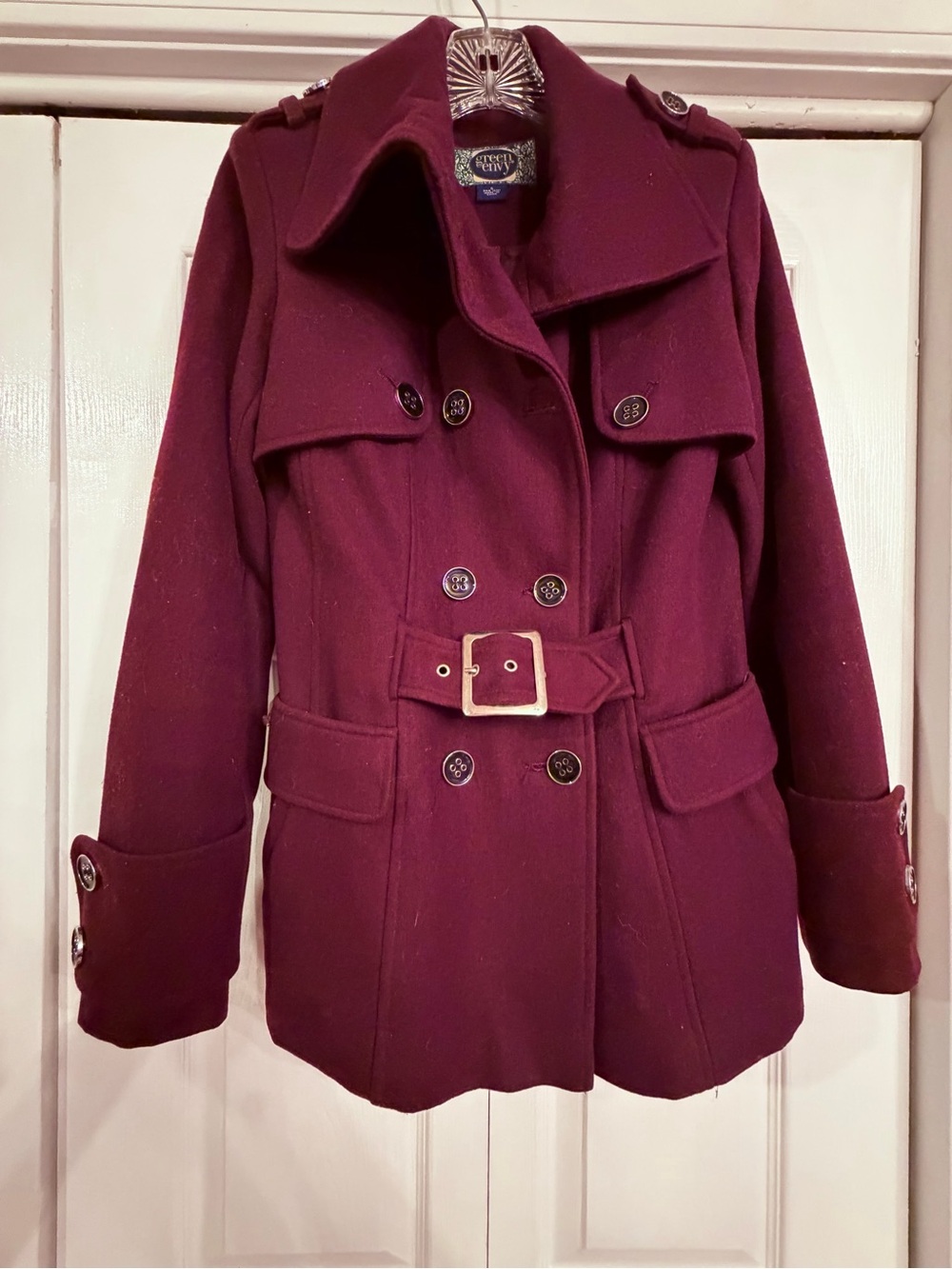Wool-Blend Belted Peacoat Jacket in Burgundy
